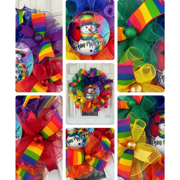 LGBTQ Snow Much Pride Rainbow Snowman Ribbon Christmas Garland Holiday Decor - Picture 2 of 12